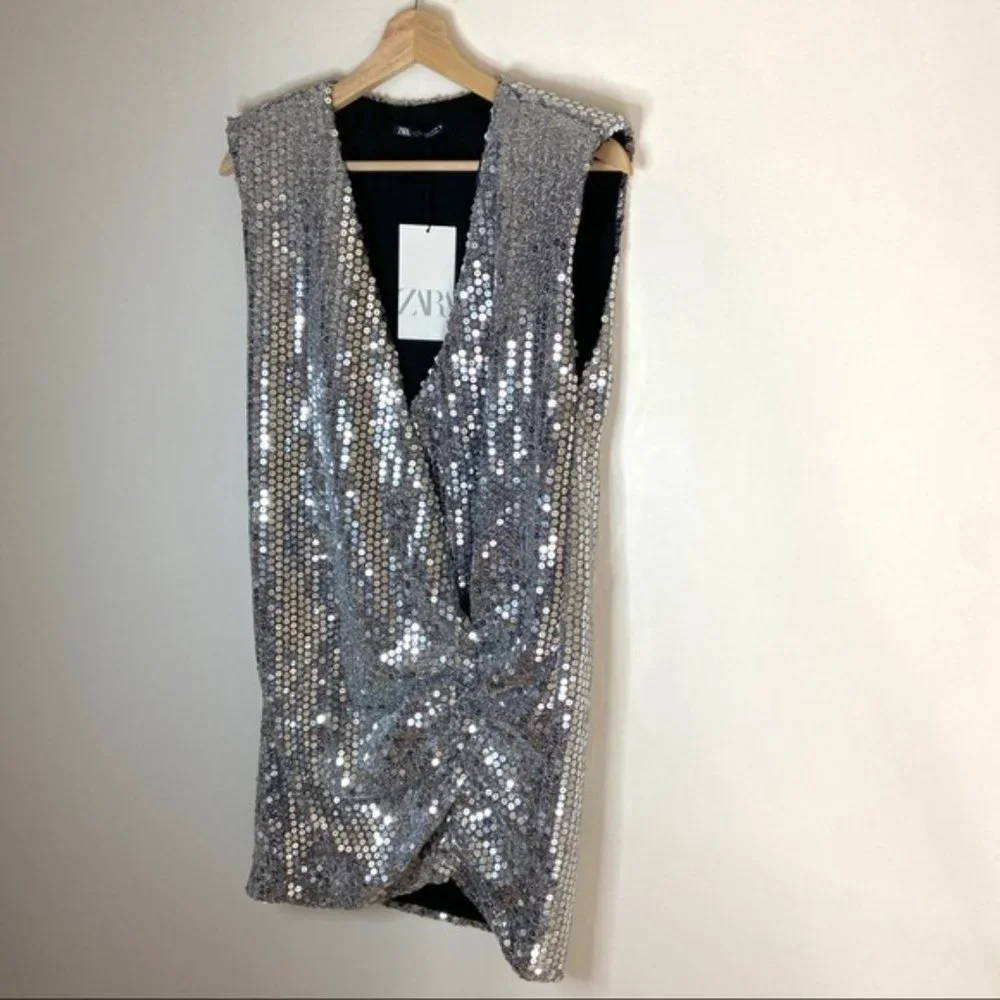 Zara Silver Sequin Mini Dress - Picture 2 of 7